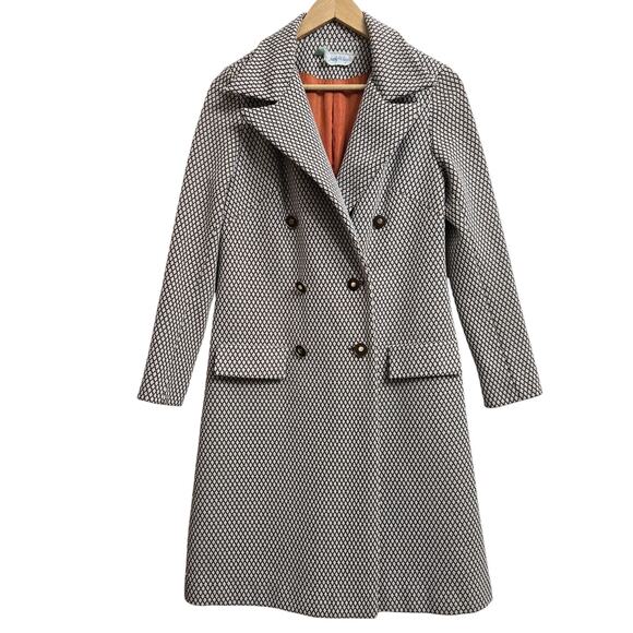 Judy Wayne Womens Vintage 60s Mod Diamond Knit Double Breasted Brown Overcoat 13 - Picture 1 of 12
